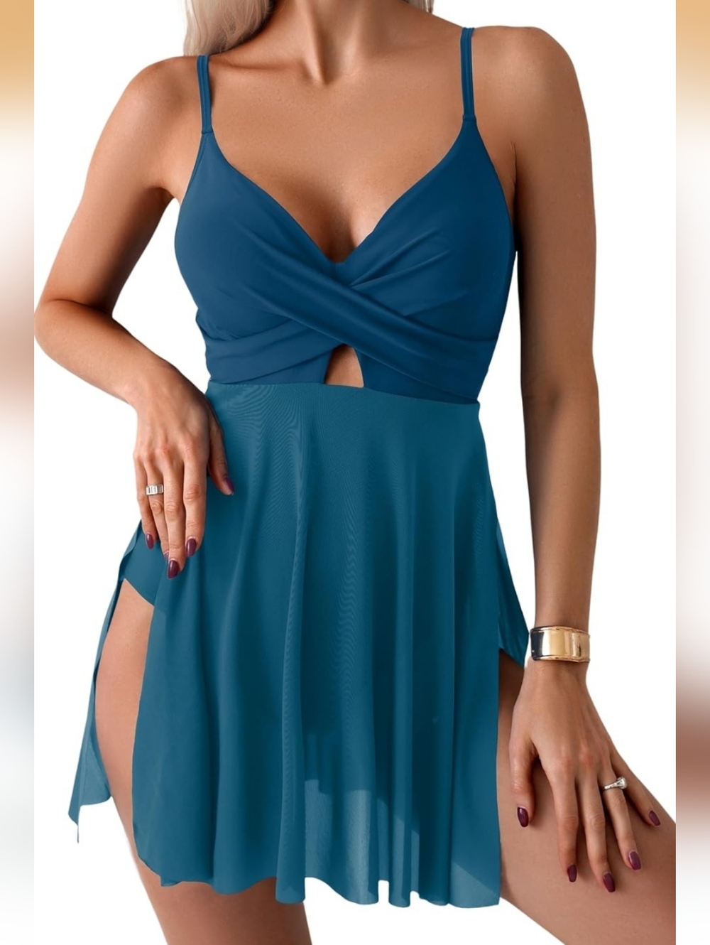 Teal Twist-Front Meah Swim Dress Hight Size Slits